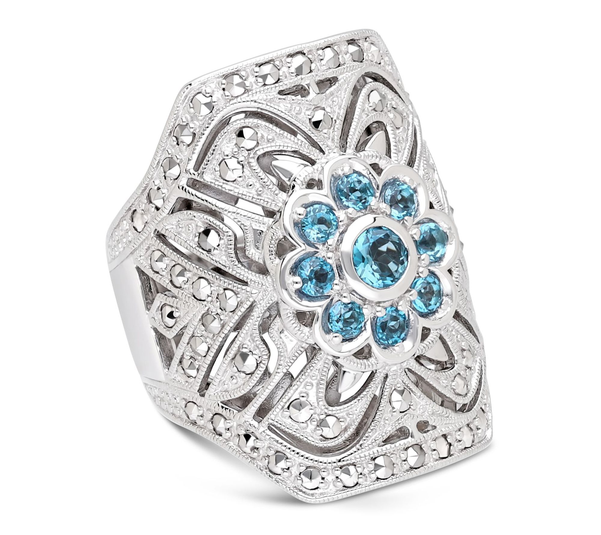 Dallas Prince Sterling Chrome Marcasite Blue Topaz Floral Ring