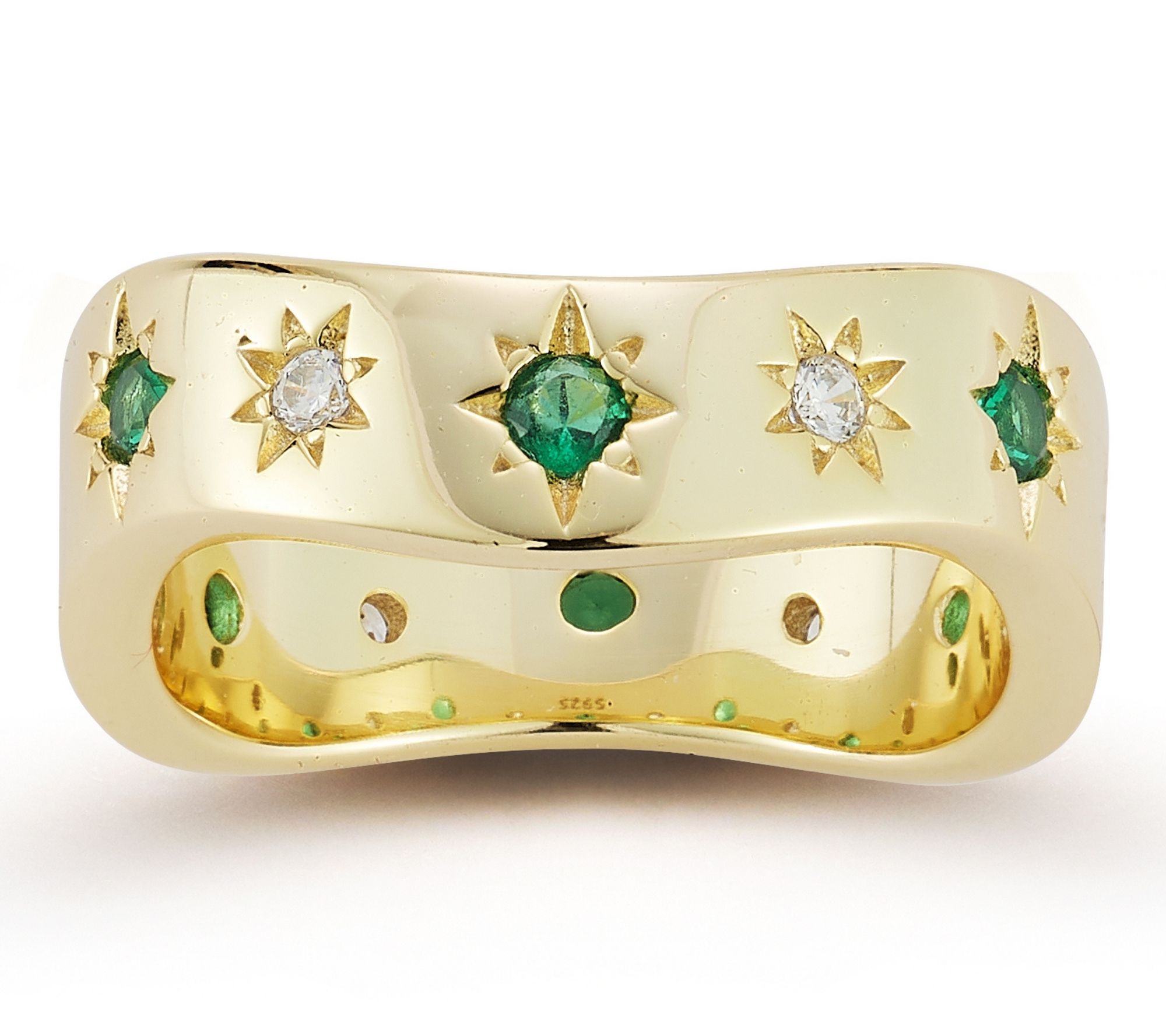 Sterlina Silver Green Wavy Band Ring, 14K GoldPlated
