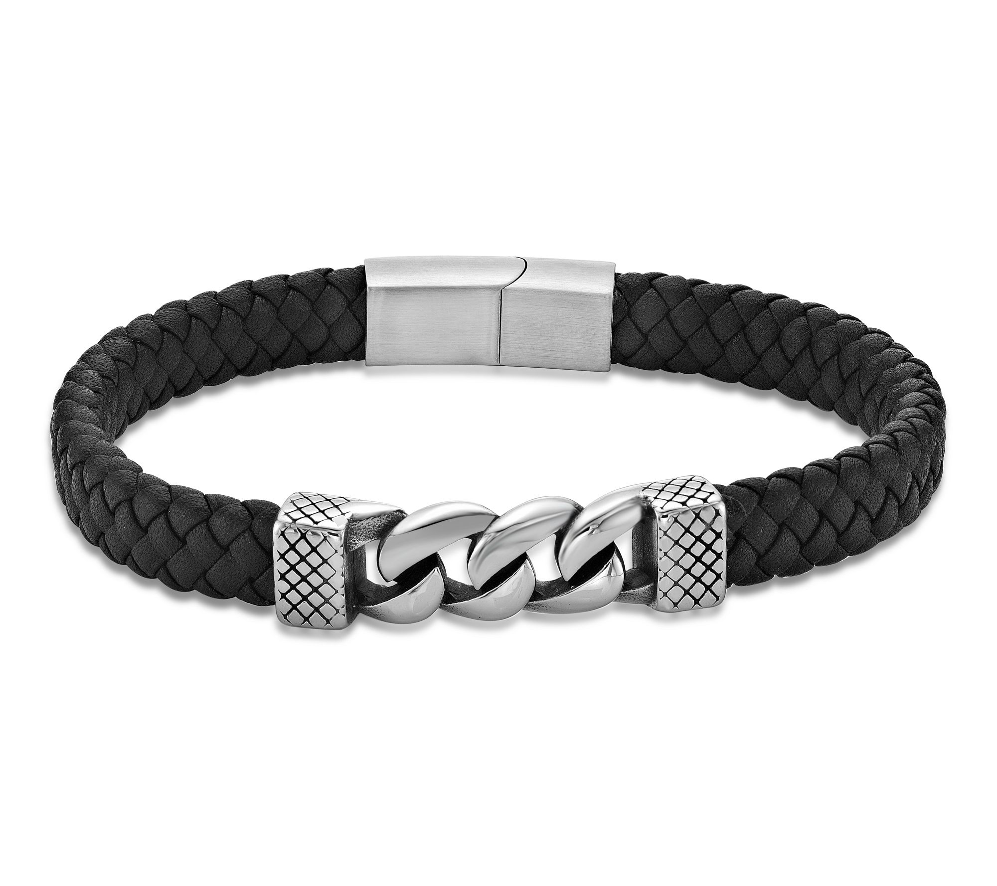 LYNX Men's Stainless Steel & Black Leather 8-1/2" Bracelet