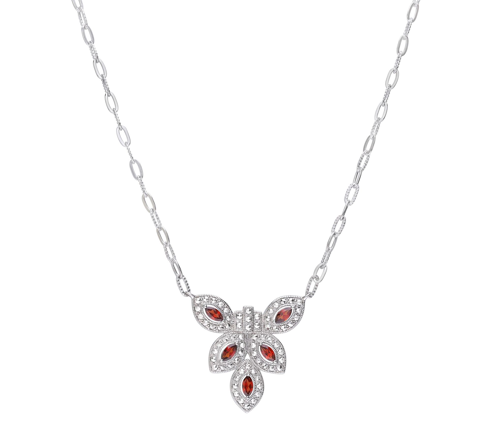 Dallas Prince C hrome Marcasite & Garnet Bloss om Necklace
