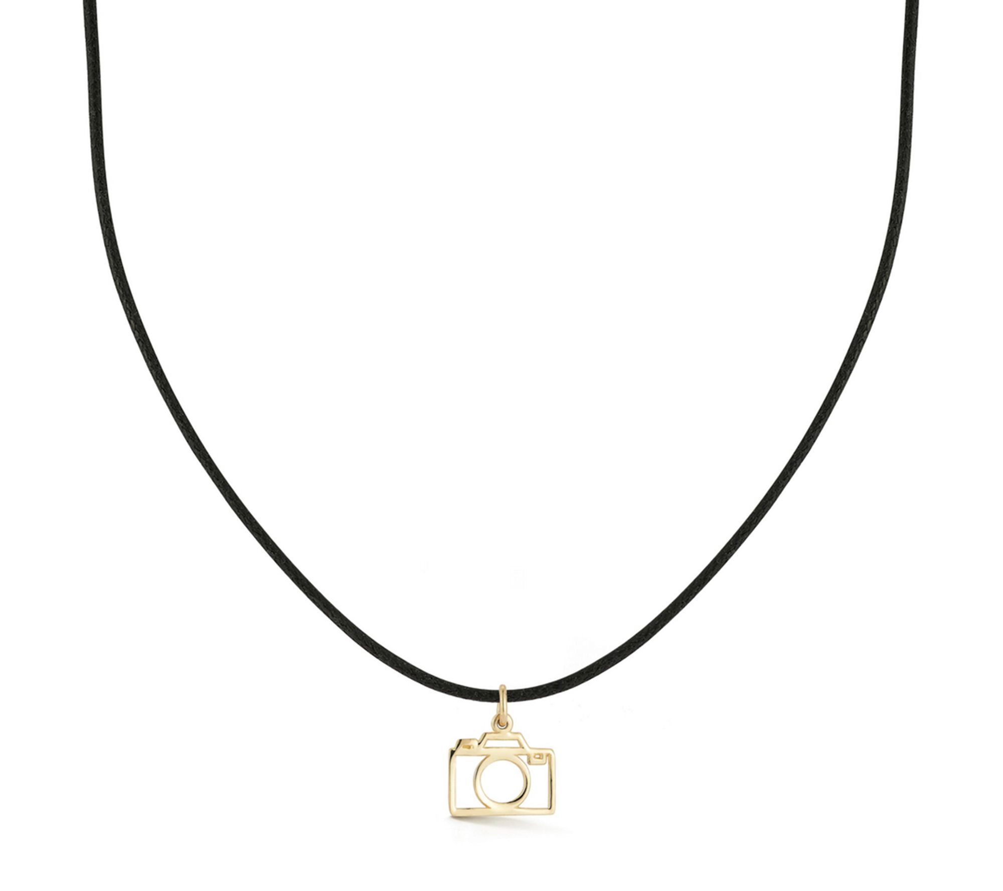 Italian Gold Camera Pendant w/ Black Cord Chain, 14K