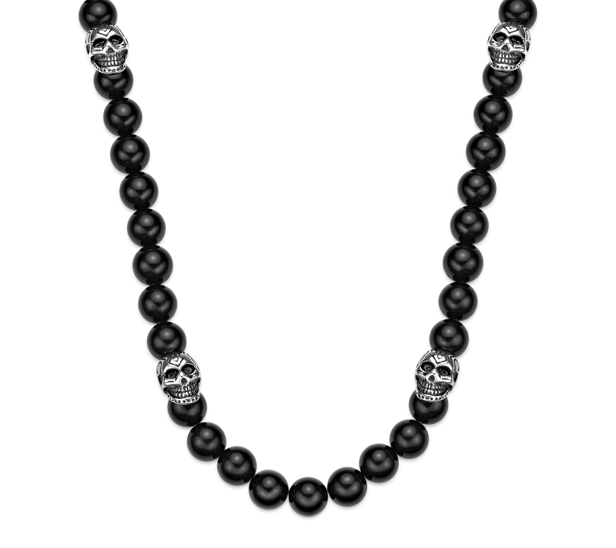 LYNX Men's Stainless Steel & Black Agate Skull Bead Necklace
