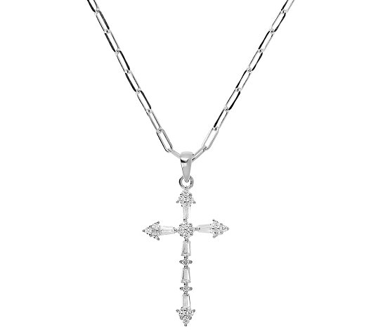 Diamonique Cross Pendant w/ Paperclip Link Chai n, Sterling