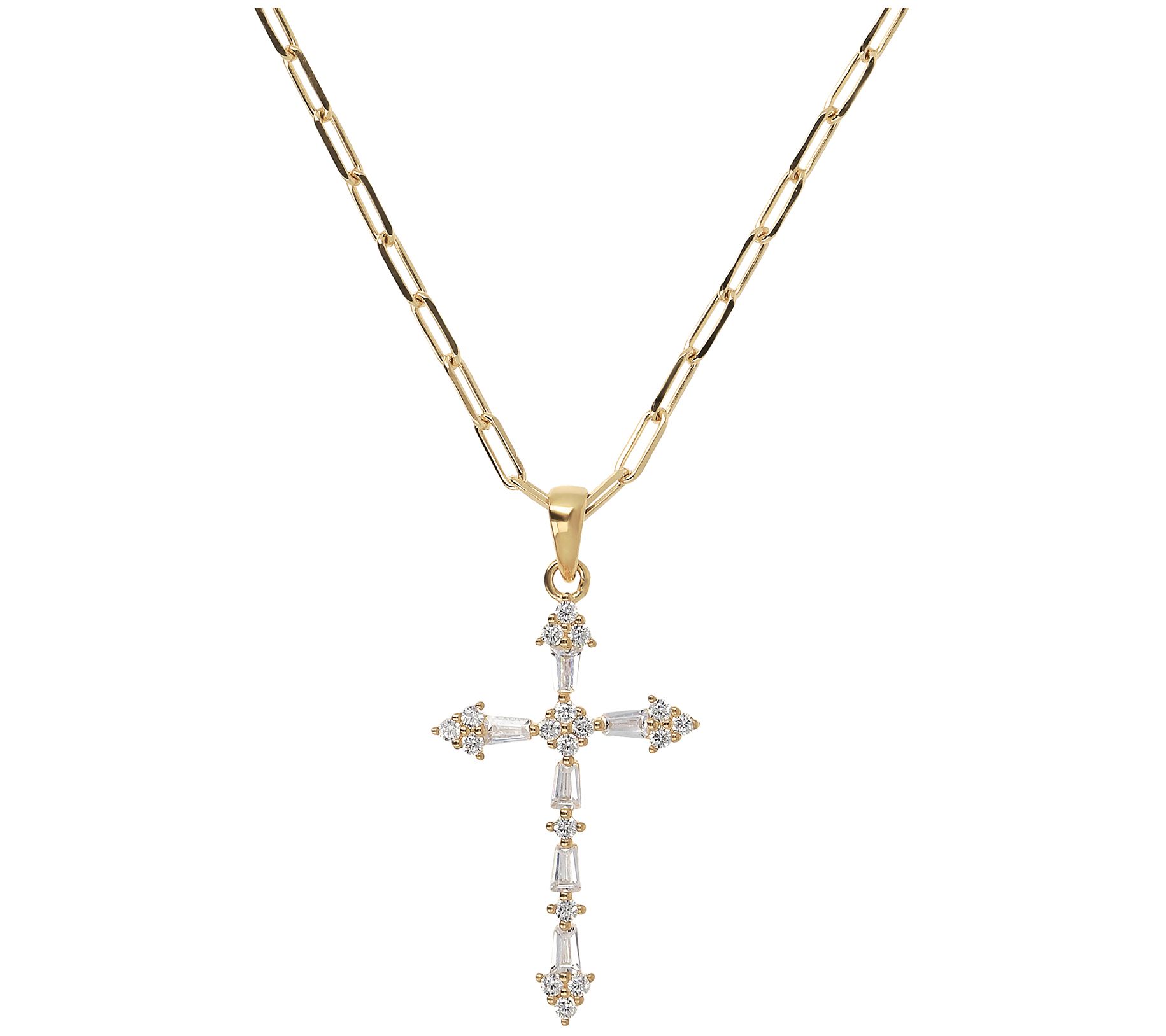 Diamonique Cross Pendant w/ Paperclip Link Chai n, Sterling