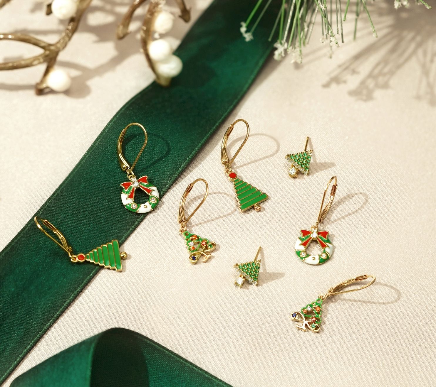 Diamonique Christmas Tree Bauble Earrings, 14 KGold Plated