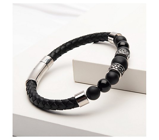 Verve Men's Jewelry Leather Onyx Bead Bracelet