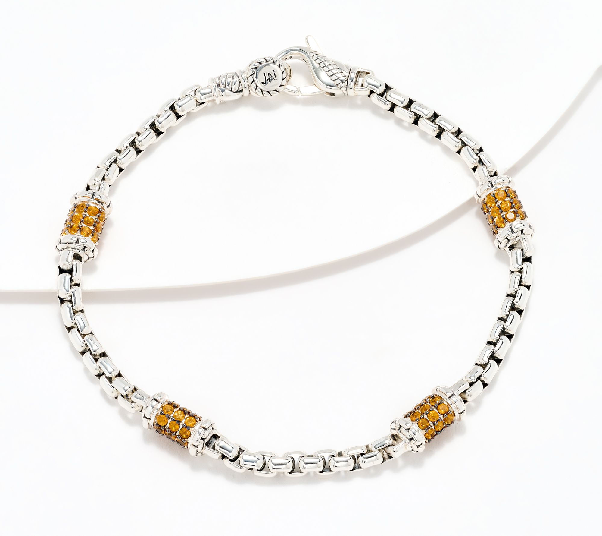 JAI Sterling Silver Pave Station 3.7mm Box Chain Bracelet, 13.0g