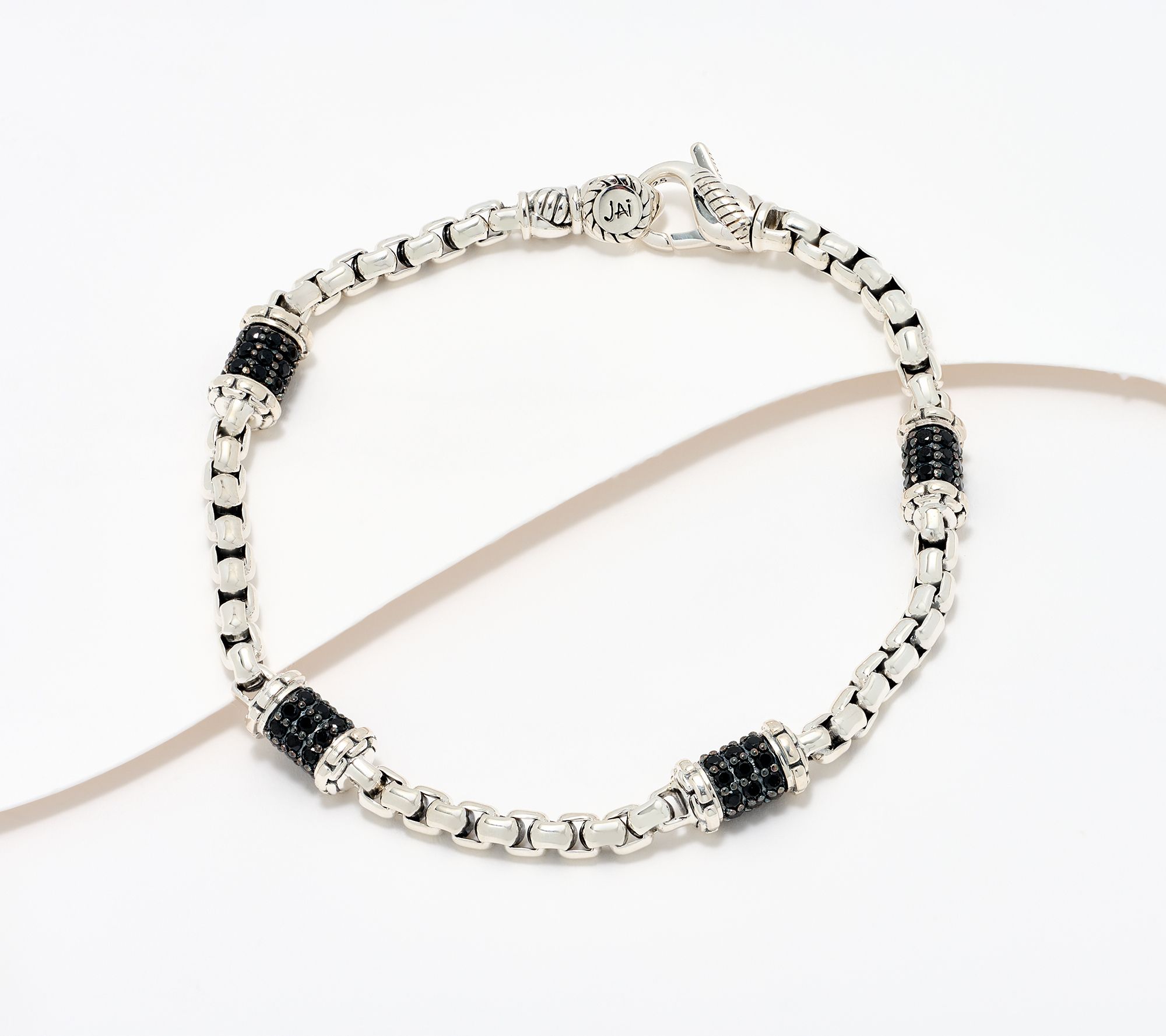 JAI Sterling Silver Pave Station 3.7mm Box Chain Bracelet, 13.0g