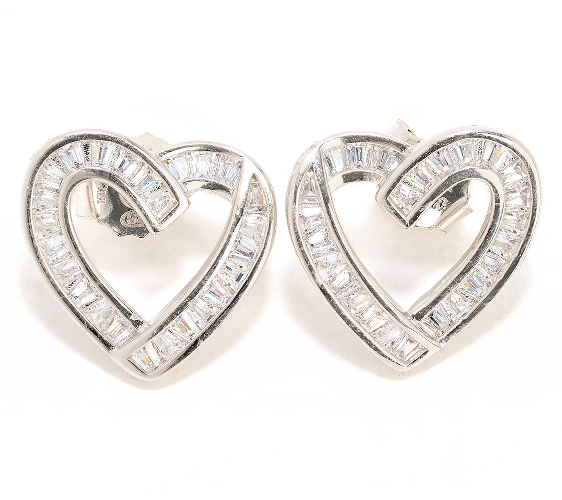 "As Is" Diamonique Italia Baguette Heart Earrings, Sterling Silver