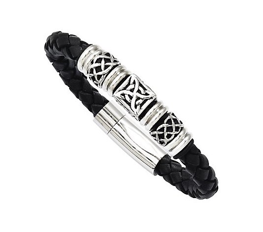 Stainless Steel 8-1/2" Black Leather Woven Bead Bracelet
