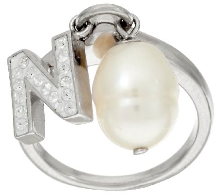 Honora Cultured Pearl 9.0mm & Crystal Initial Charm Ring - QVC.com