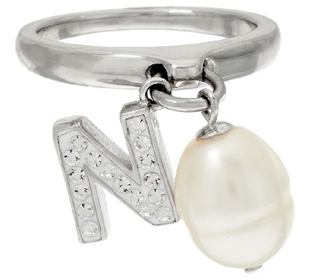 Honora Cultured Pearl 9.0mm & Crystal Initial Charm Ring - QVC.com