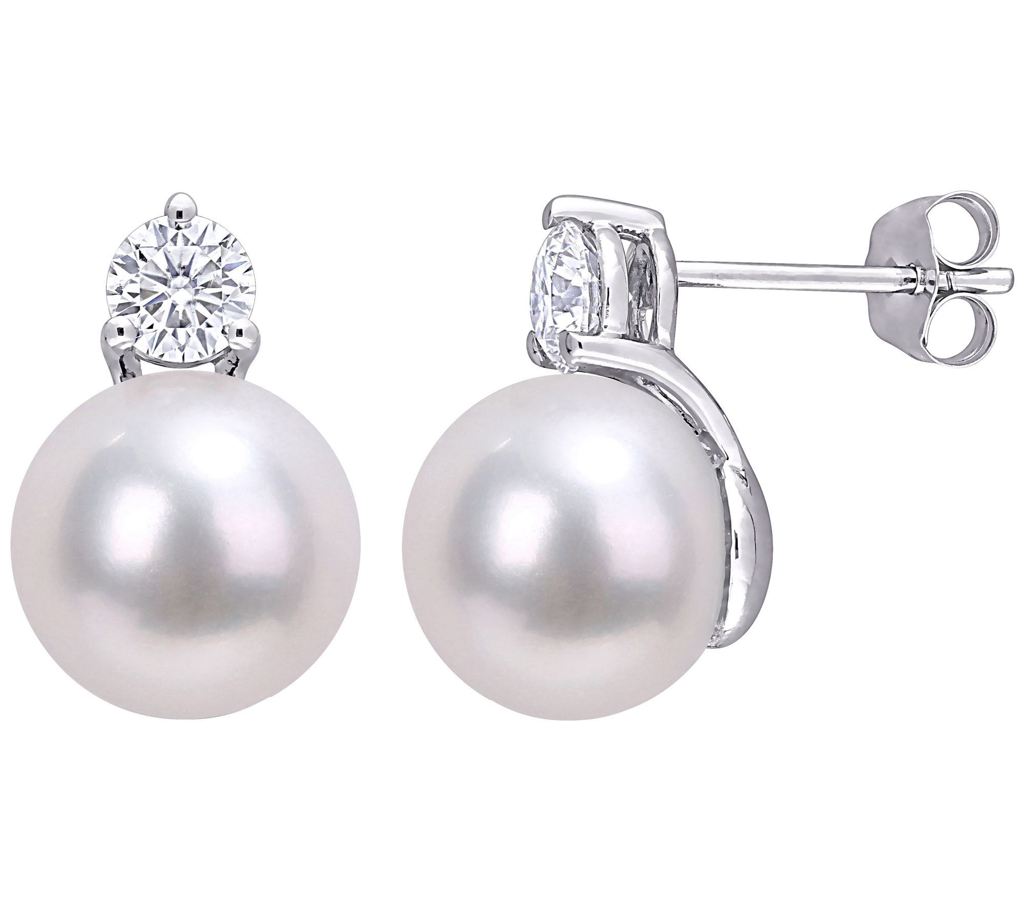 14K Gold Cultured Pearl & Created Moissanite Stud Earrings - QVC.com