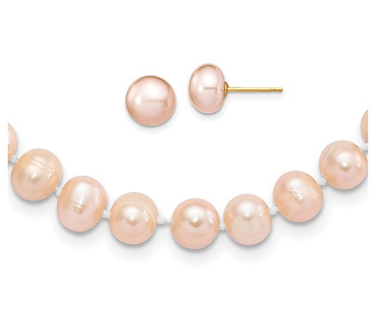 Affinity Cultured Pearl Necklace & Button Earring Set, 14K