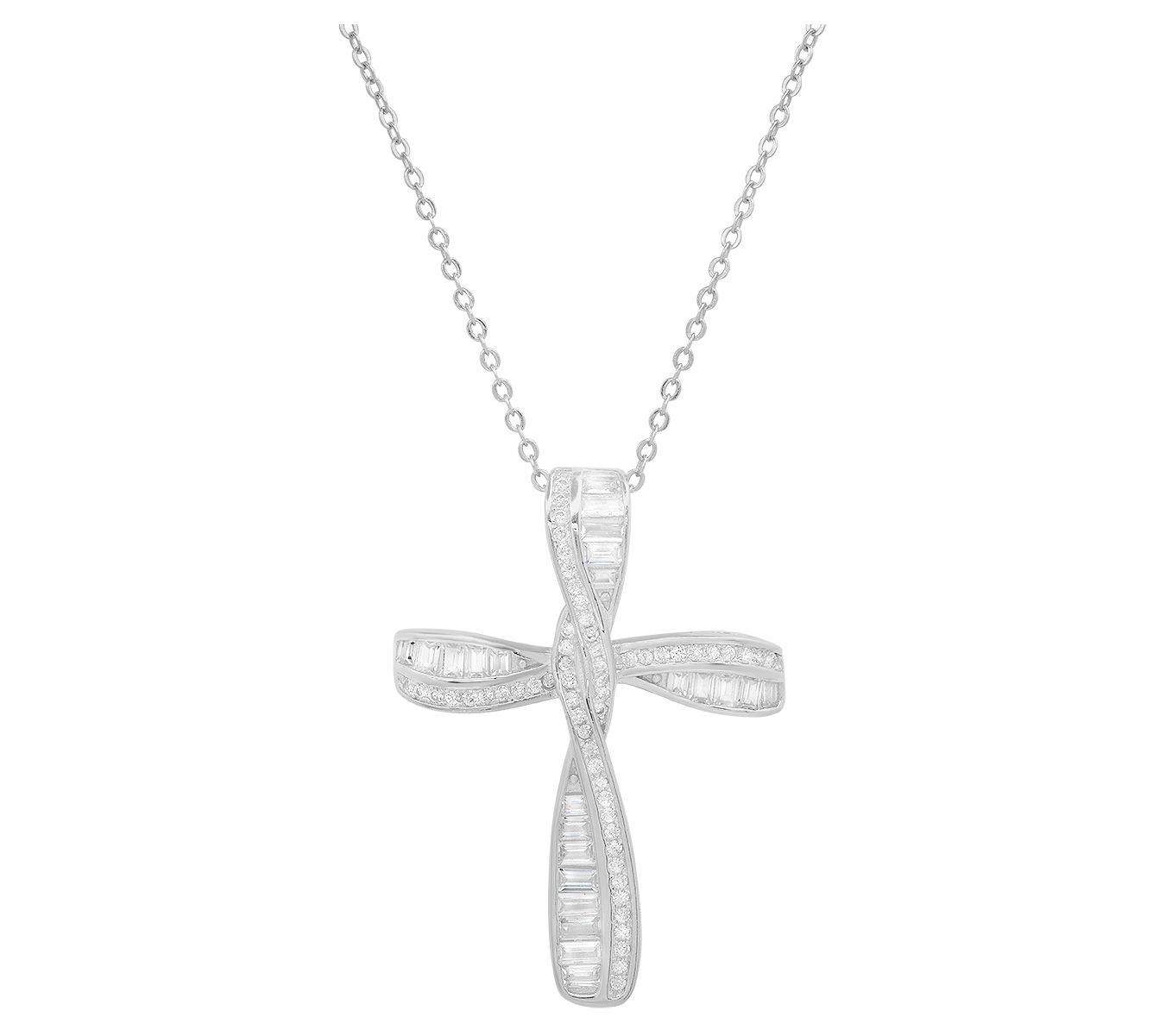 Sterling Silver Baguette Cut Twisted Cross Pendant w/ Chain