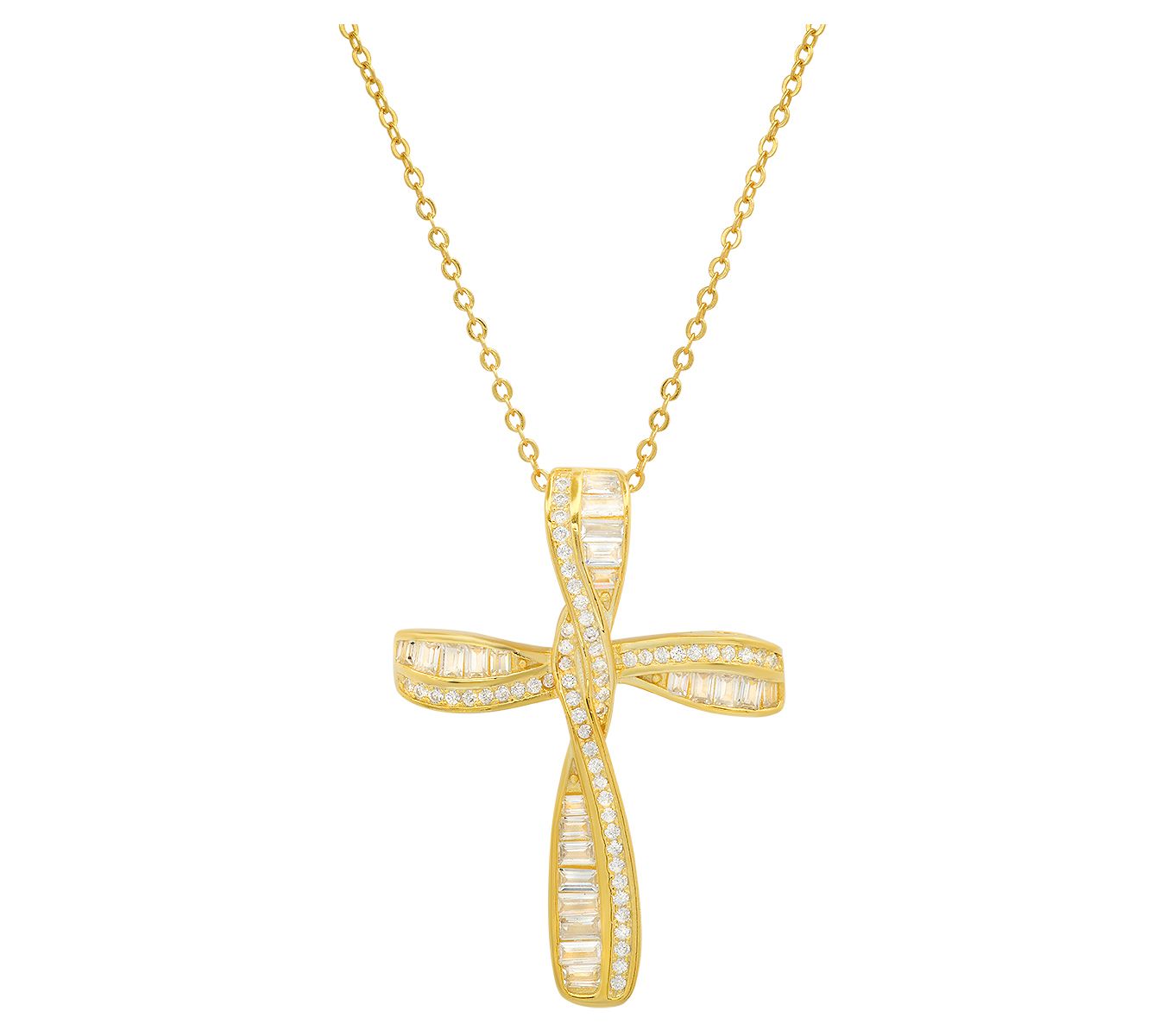 Sterling Silver Baguette Cut Twisted Cross Pend ant w/ Chain
