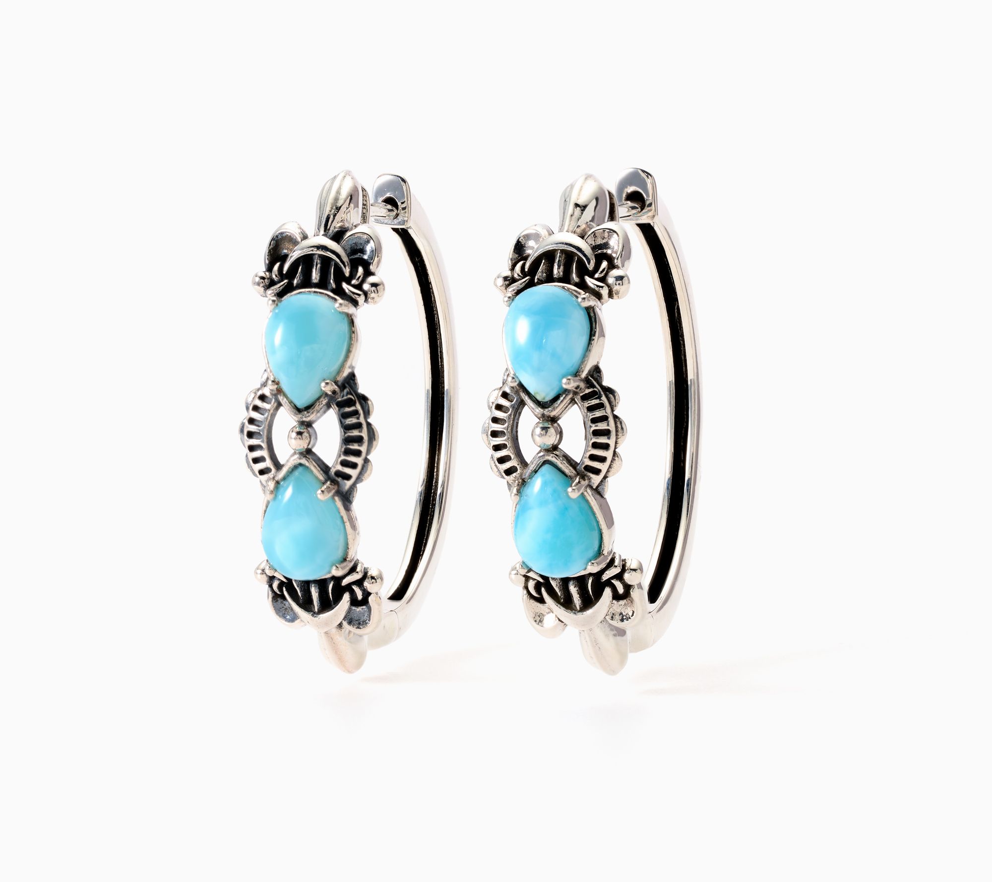 American West Sterling Silver Pear Gemstone Fleur De Lis Hoop Earrings