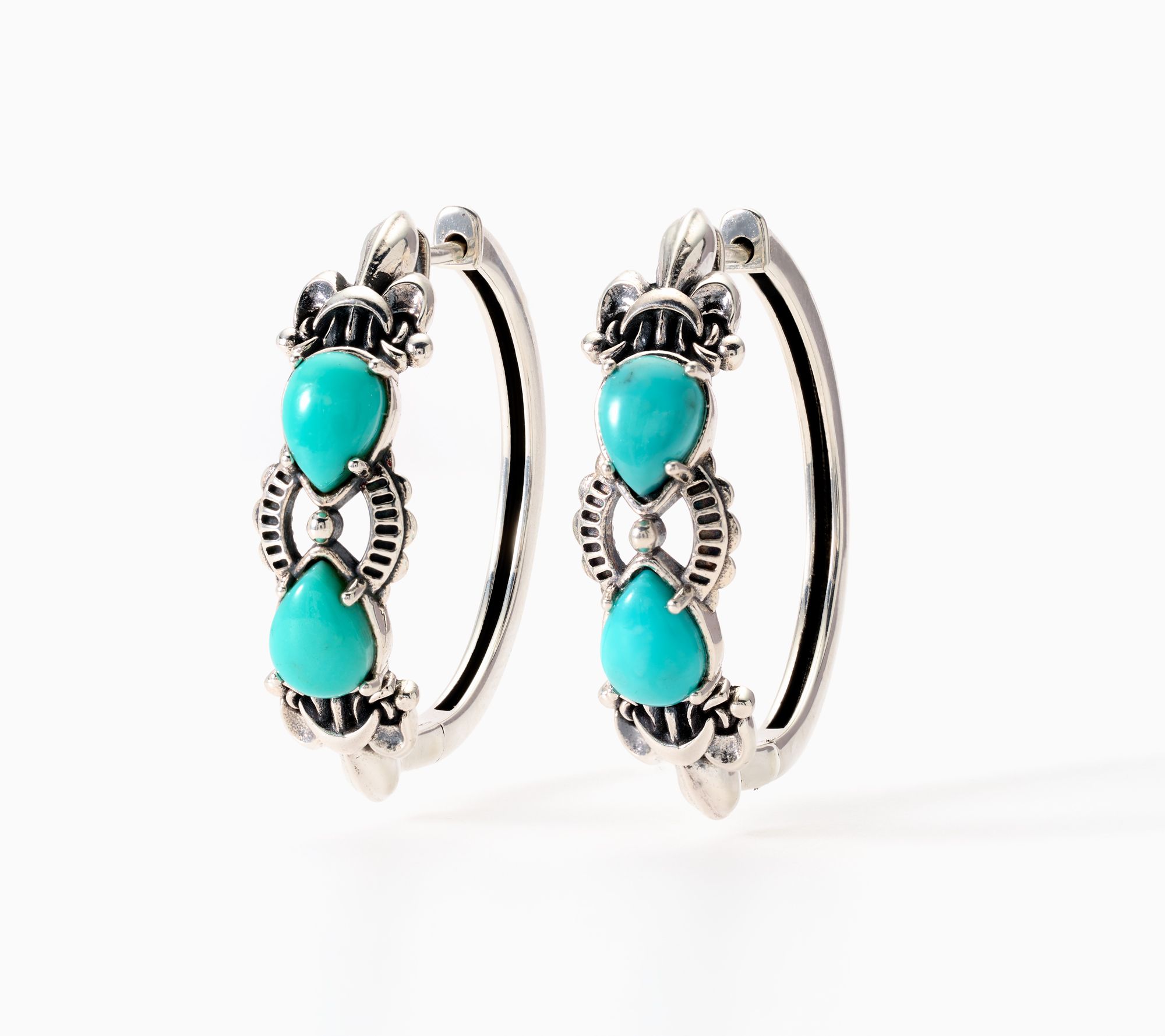 American West Sterling Silver Pear Gemstone Fleur De Lis Hoop Earrings