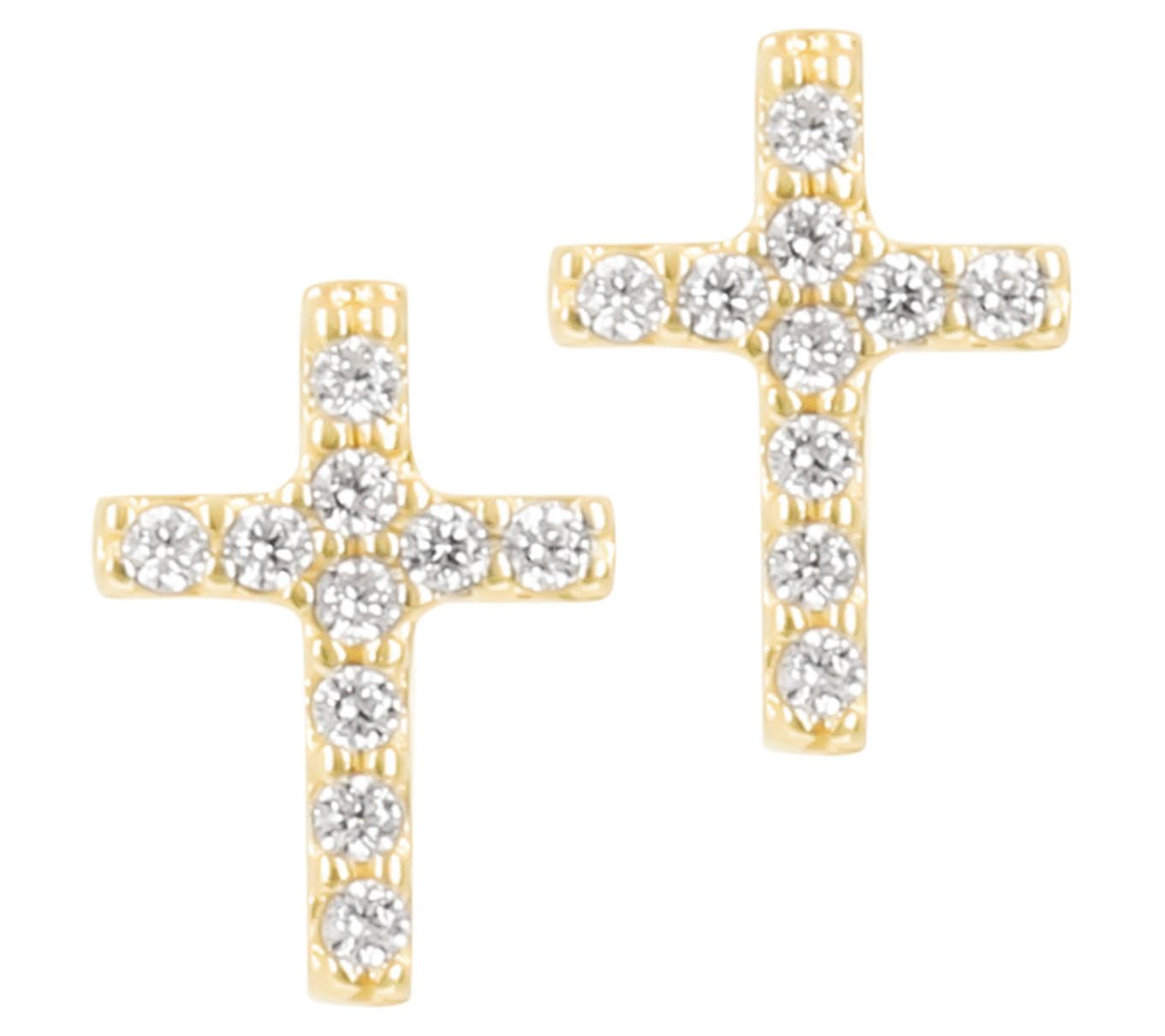 Diamonique Petite Cross Stud Earrings, 14K Gold