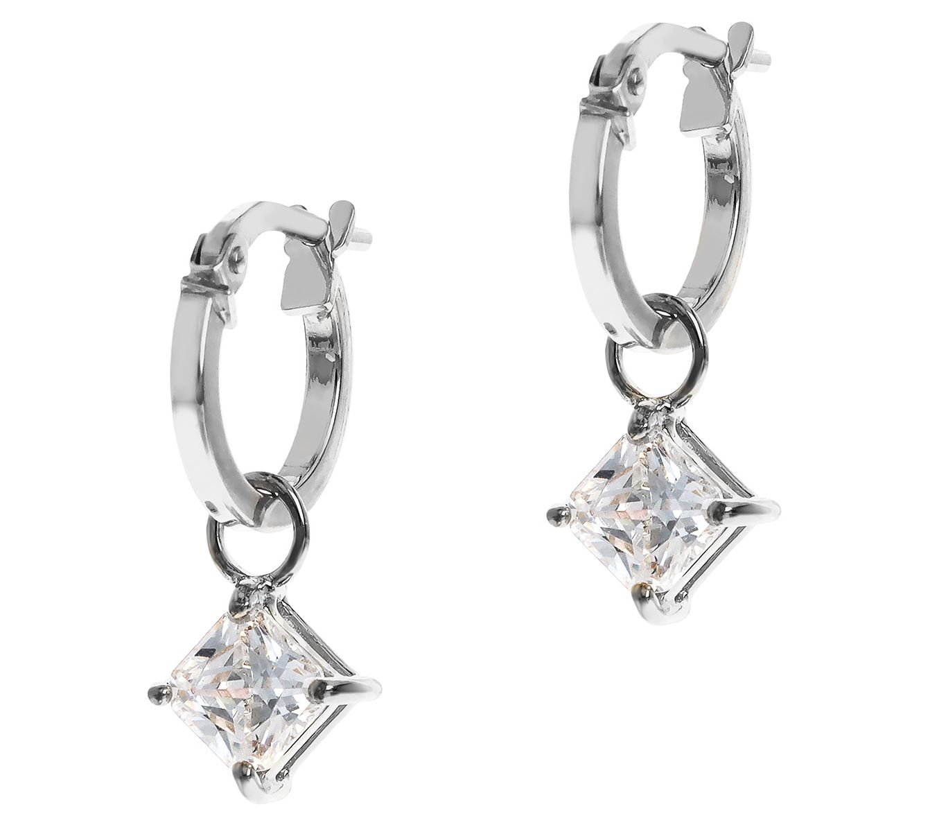 Diamonique Princess Cut Dangle Hoop Earrings, Sterling Silver