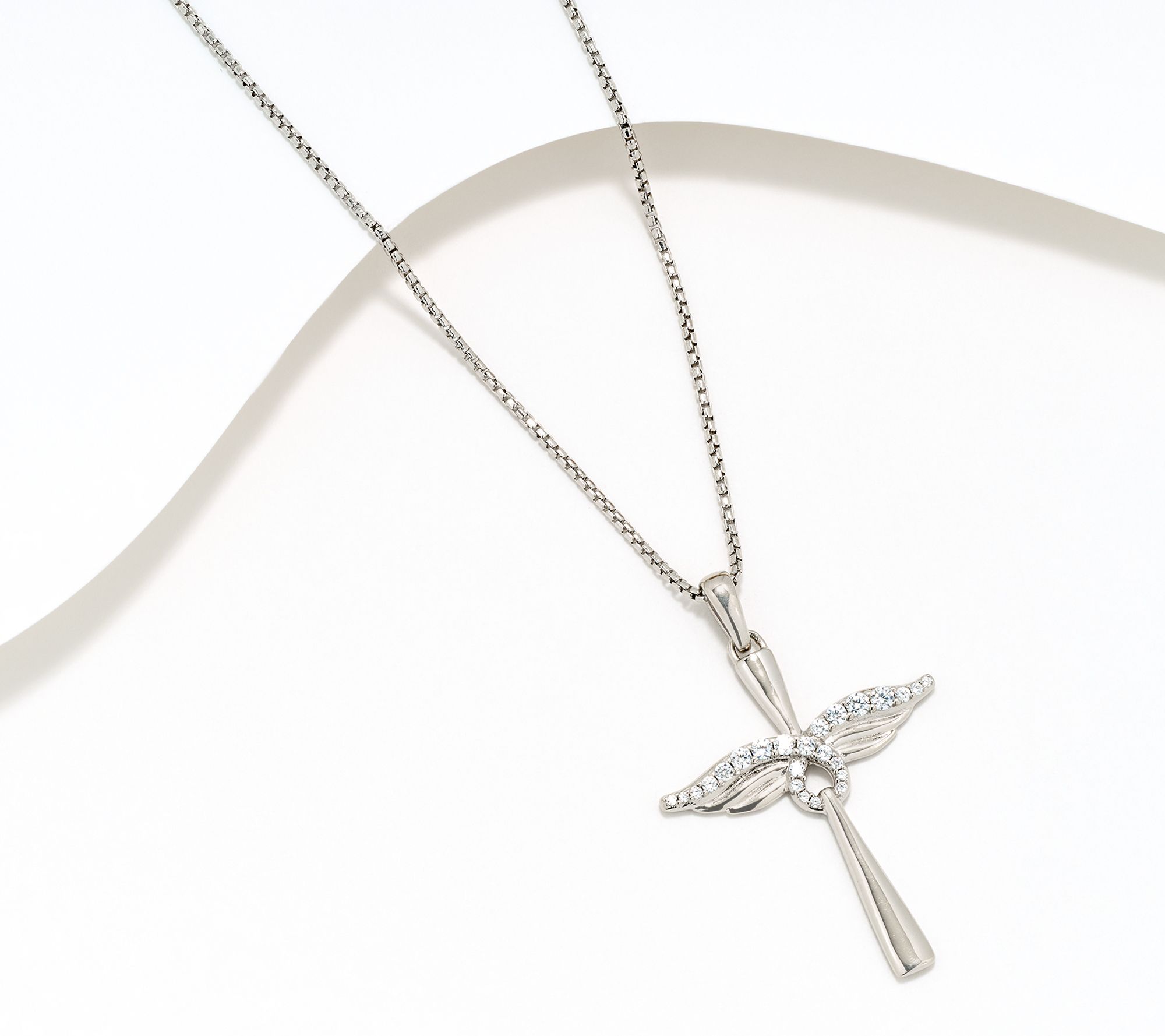 David Markstein Bronze White Topaz Angel Wing 18" Cross Necklace