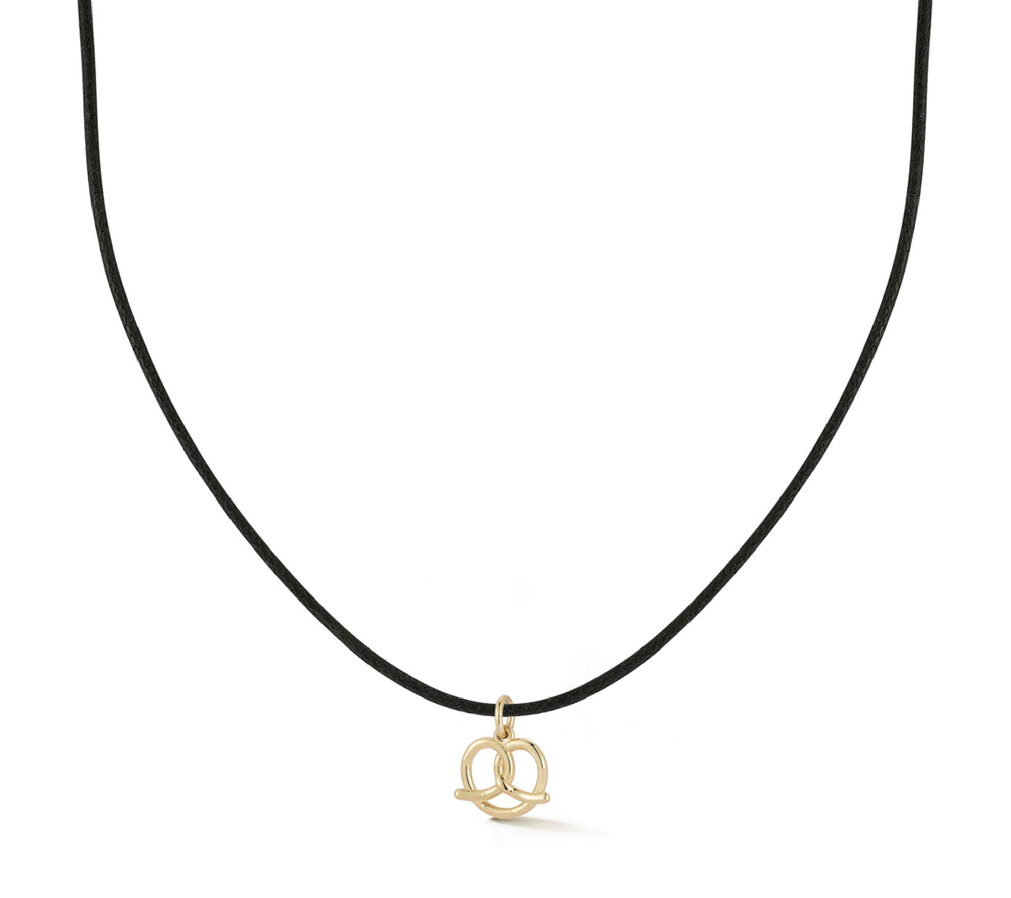 Italian Gold Pretzel Pendant w/ Black Cord Chain, 14K