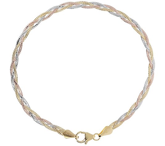 Italian Gold Tri-Color Braided Herringbone Bracelet, 10K 1.6g