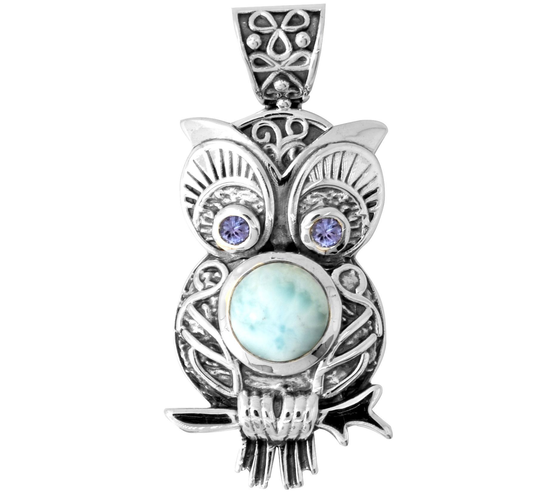 Sterling Silver Larimar & Tanzanite Owl Pendant