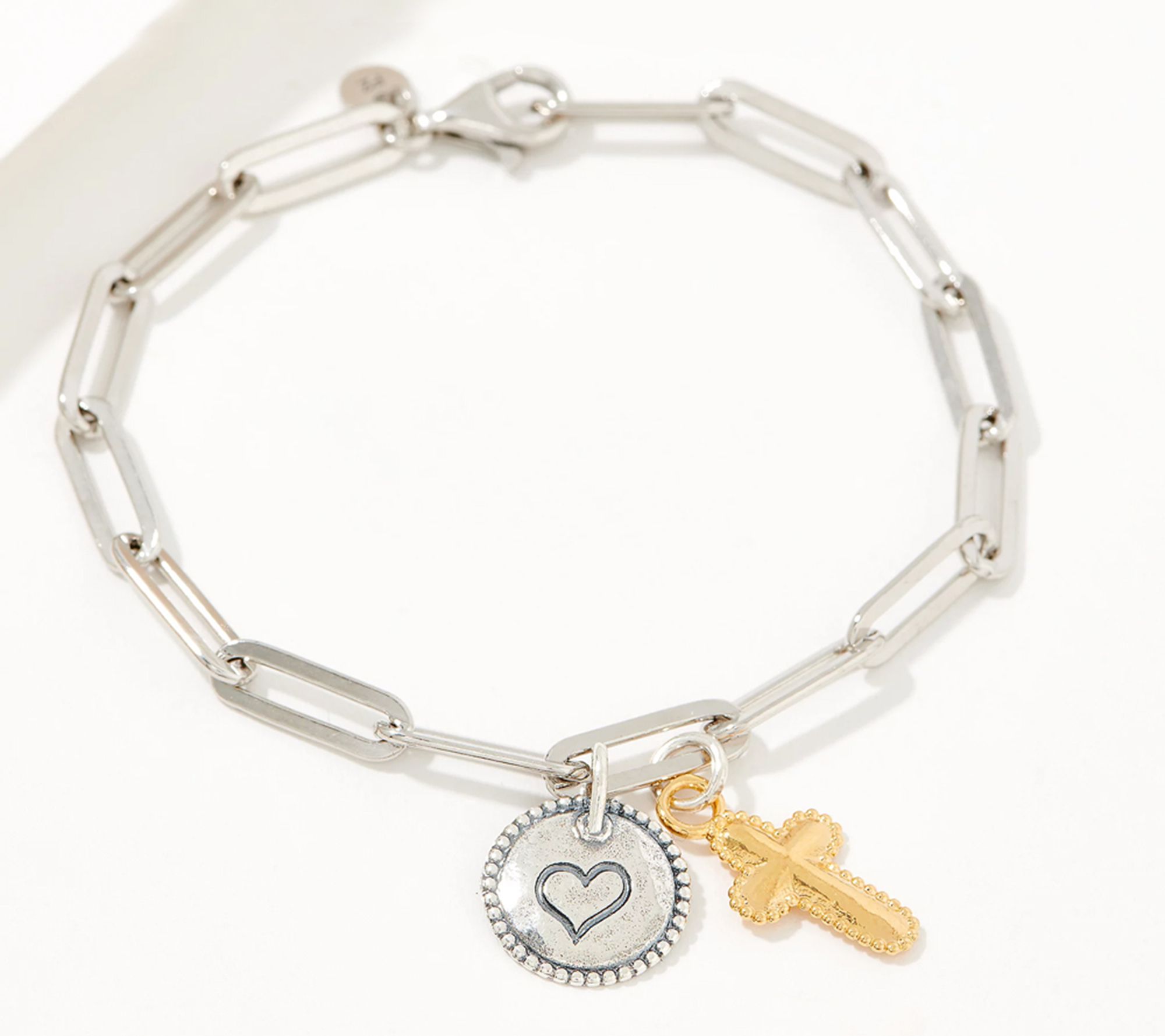 Sterling Silver Link Charm Bracelet | Initial Disc, Bronze Cross & Freshwater Pearl Charms 7.5 (Average)