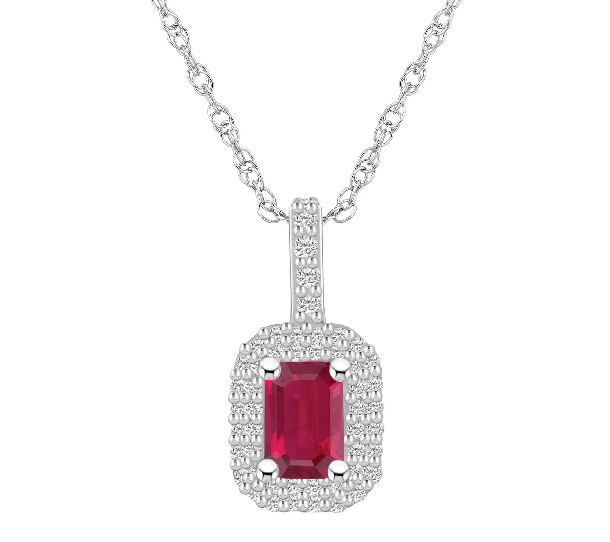 Affinity Gems Emerald Cut Ruby  & Diamond HaloNecklace, 14K
