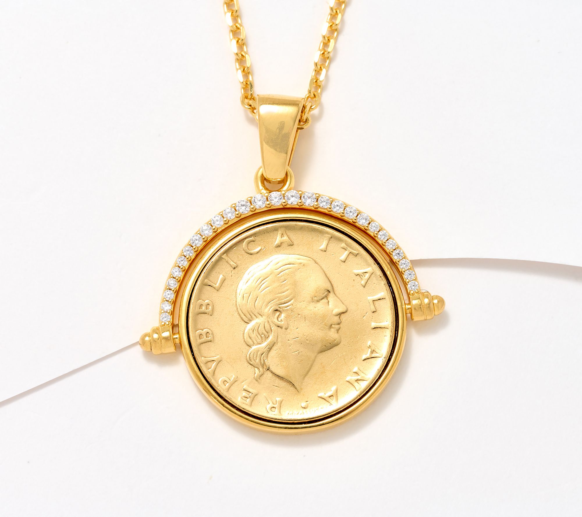 Diamonique Italia Flip 200 Lira Coin Pendant Necklace, Sterl - QVC.com