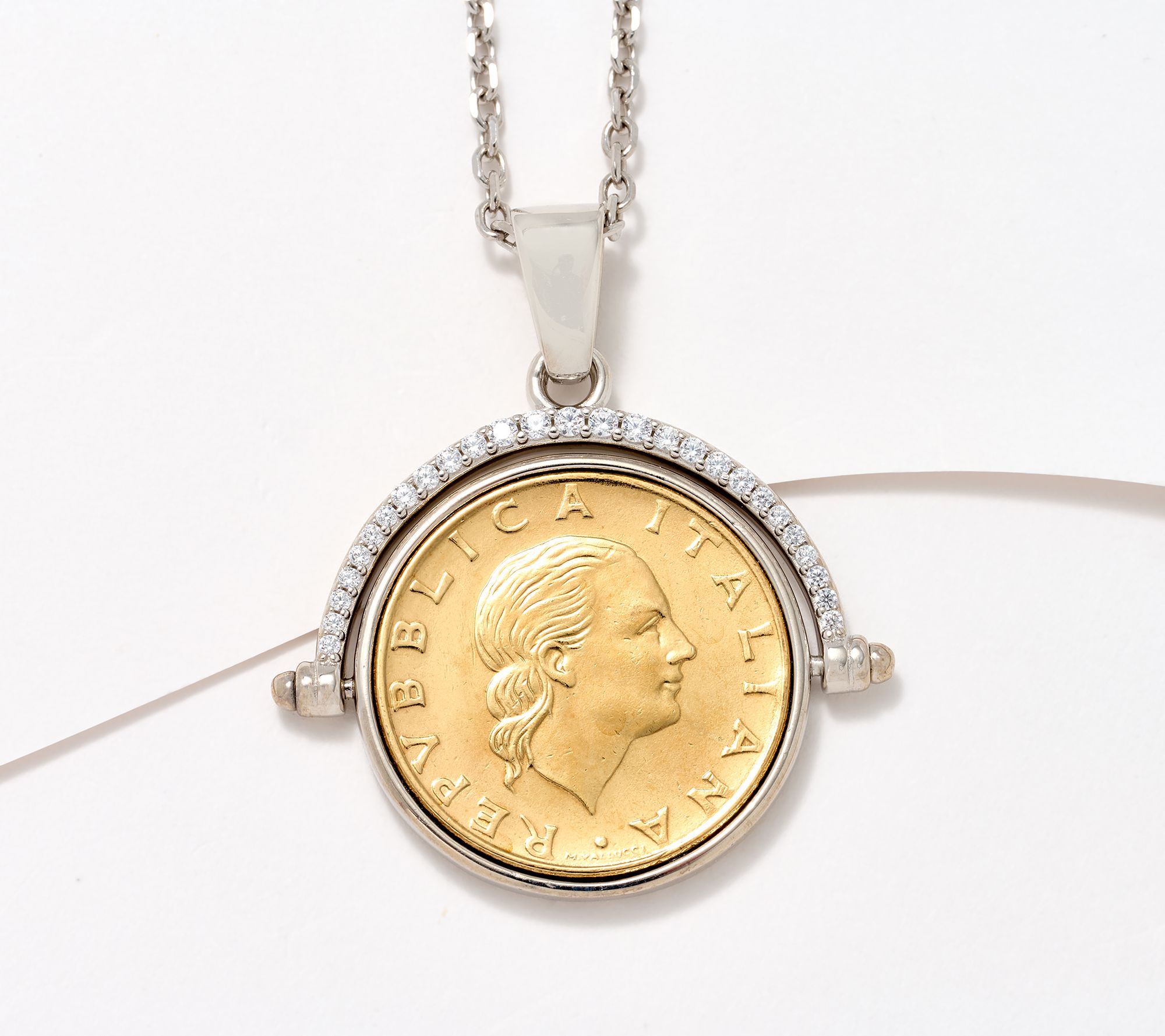 Diamonique Italia Flip 200 Lira Coin Pendant Necklace, Sterl