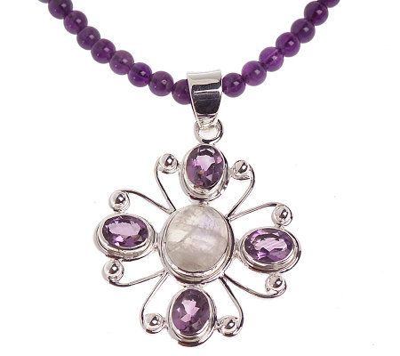 Qvc sterling silver moonstone pearl amethyst (as-is) necklace size 17-20in outlet