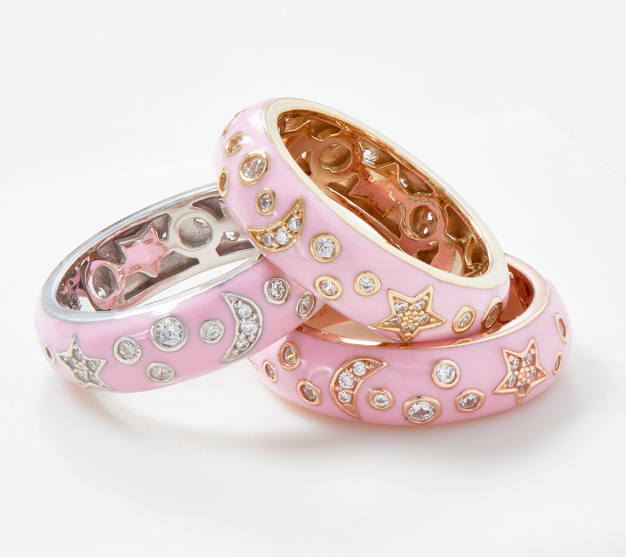 Diamonique Enamel Stars and Moon Pink Band Ring Sterling Silver