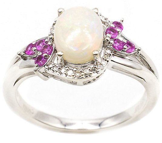 Sterling Australian Opal, Pink Sapphire & Diamond Ring