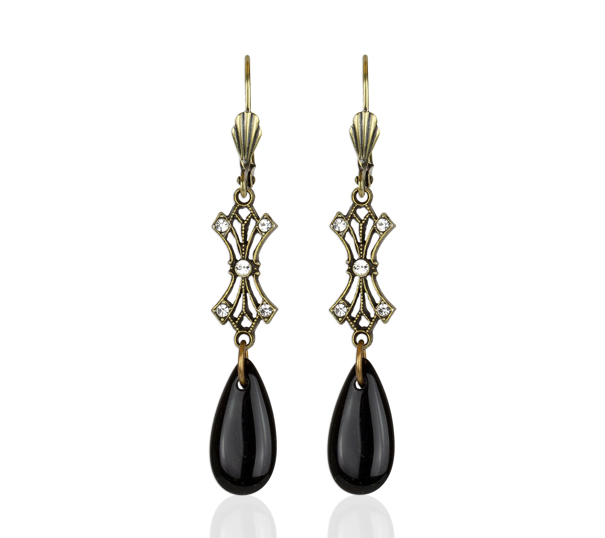 Anne Koplik Filigree Black Glass Teardrop Earrings