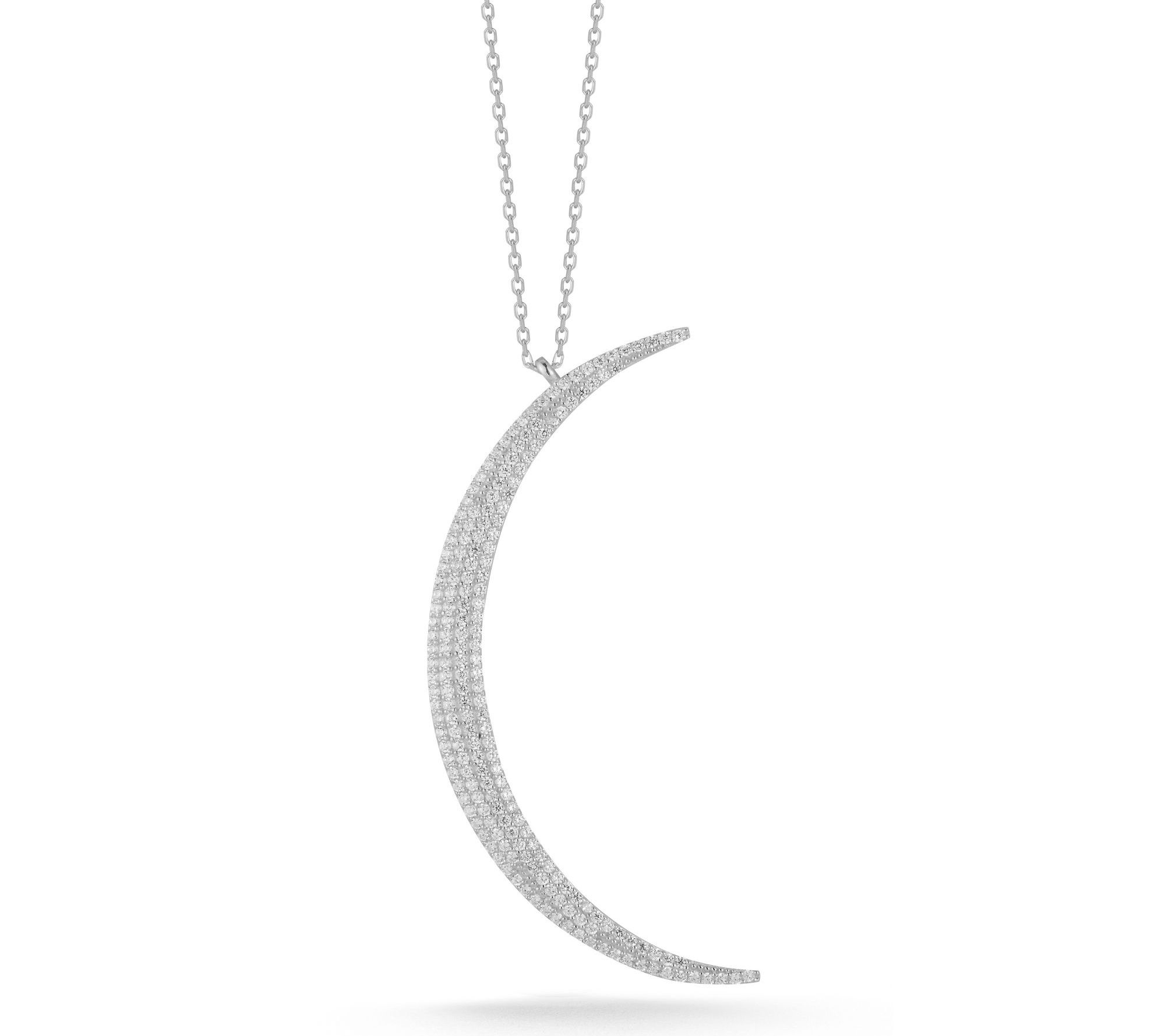 Sterlina Silver Pave Thin Moon Pendant w/ Chain, Sterling