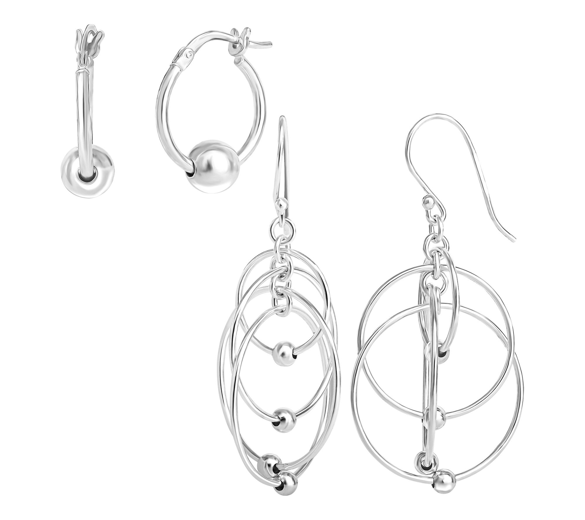 Silver Style Dangle and Beaded Hoop Earrings Set, Sterling