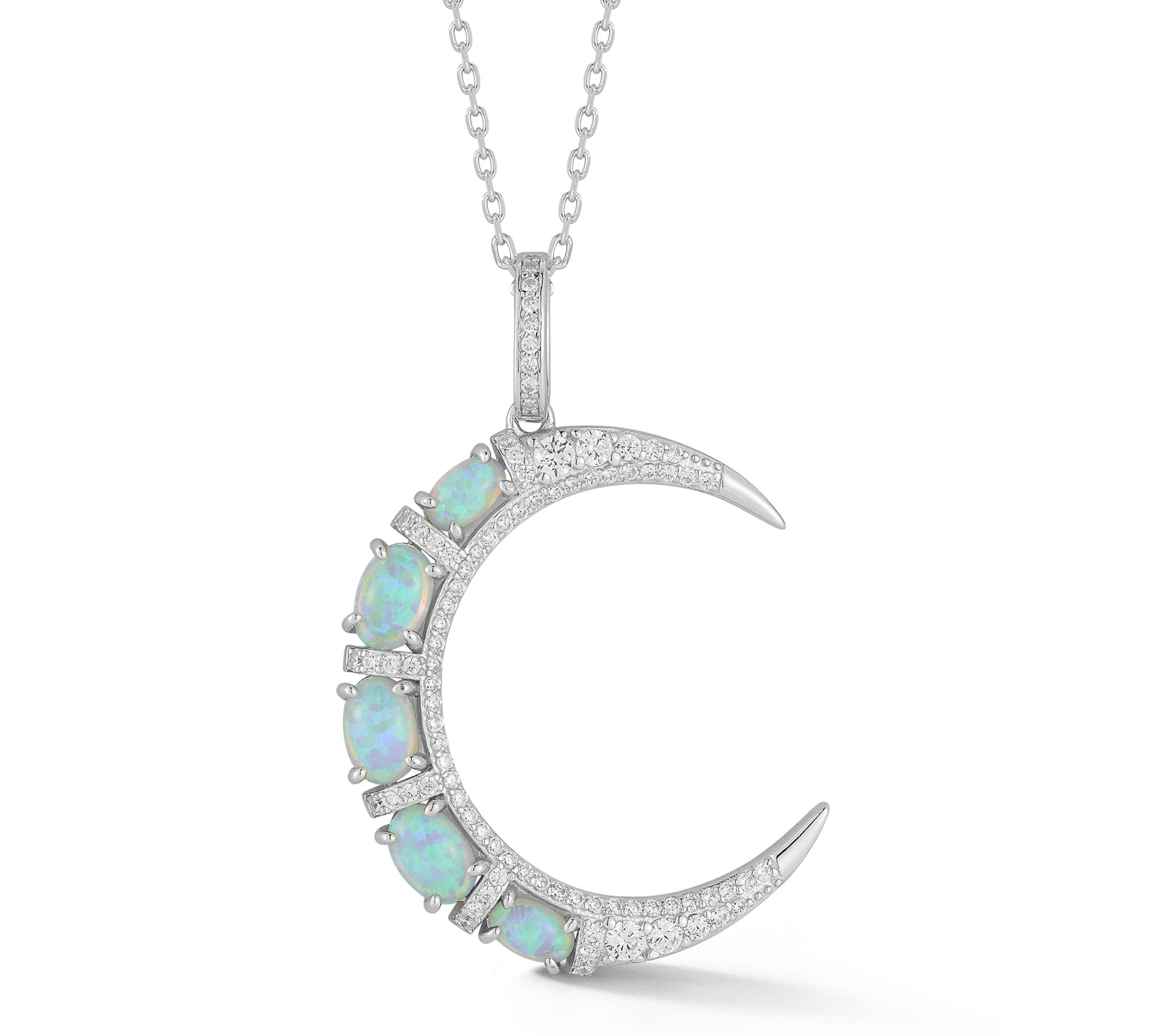 Sterlina Silver Simulated Opal Crescent Moon Necklace, Sterling