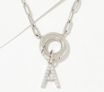 Diamonique Pave Initial Drop Paperclip Necklace, Sterling Silver - J408672