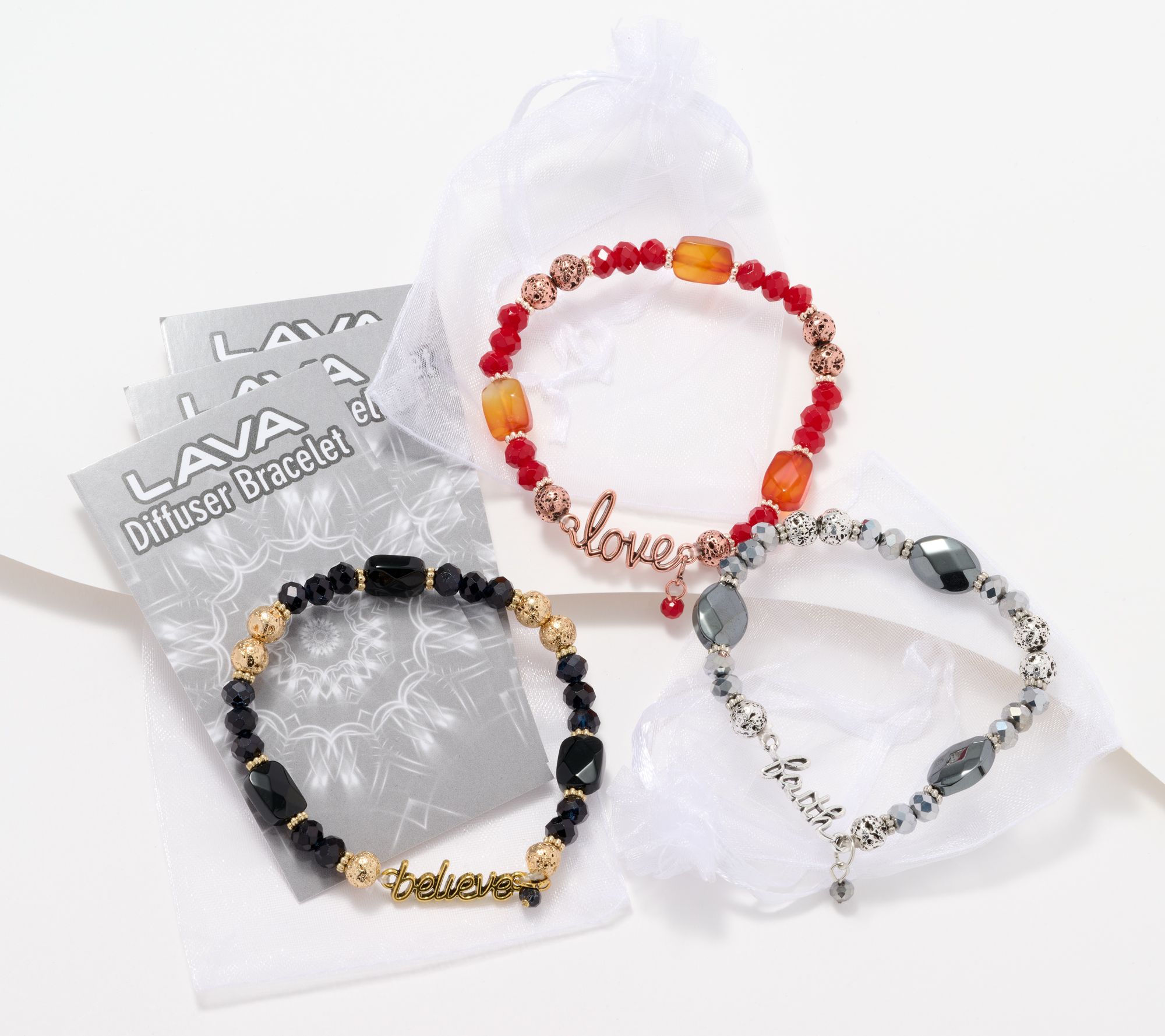 As Is S/4 Lava Bracelets w/ Gemstones & Inspiration Charm in Bag 