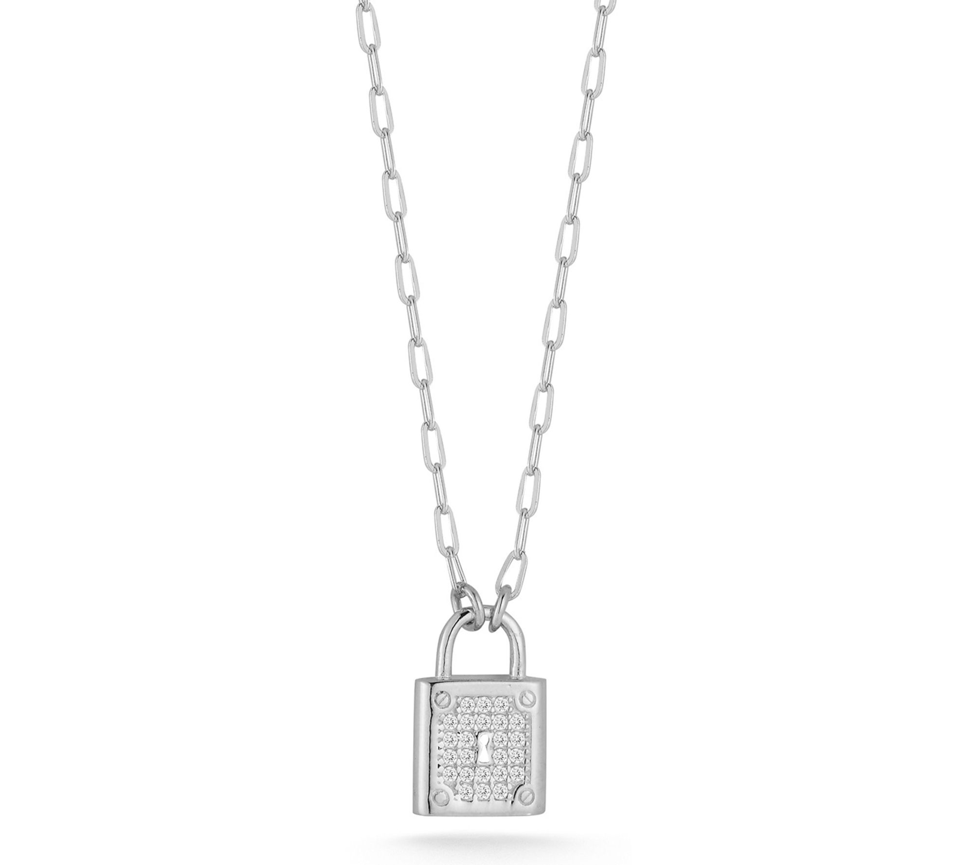 Sterlina Silver Square Pave Padlock Pendant w/Chain, Sterling