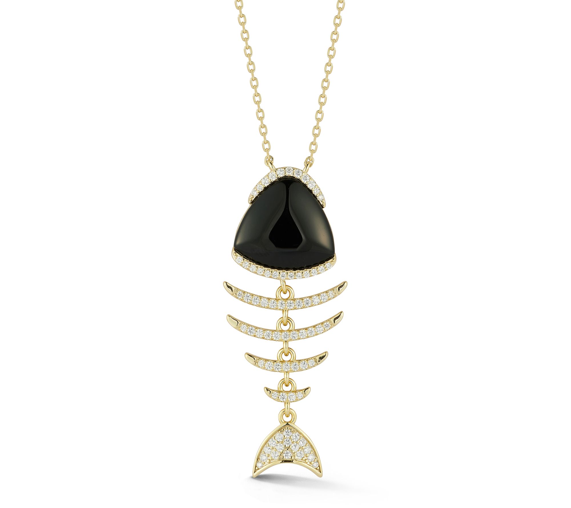 Sterlina Silver Black Agate Fishbone Pendant w/ Chain, Sterling