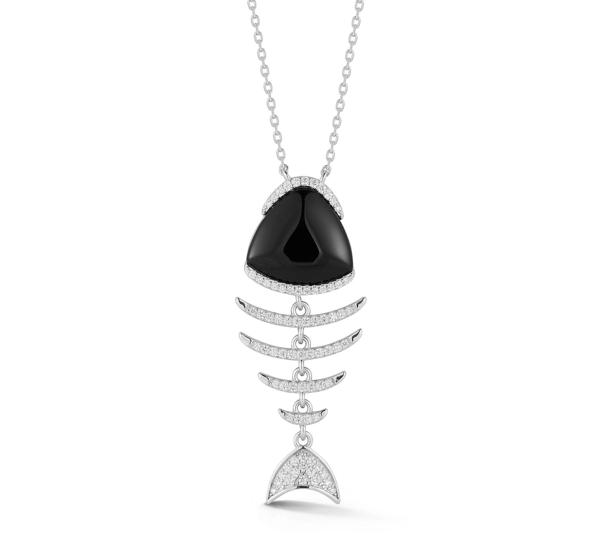 Sterlina Silver Black Agate Fishbone Pendant w/Chain,