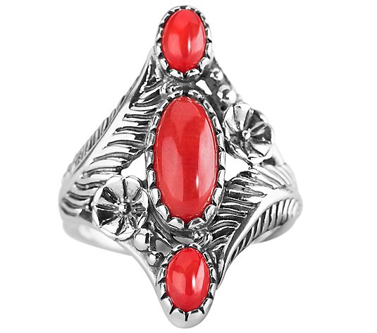 American West Sterling Red Coral Floral Elongated Ring