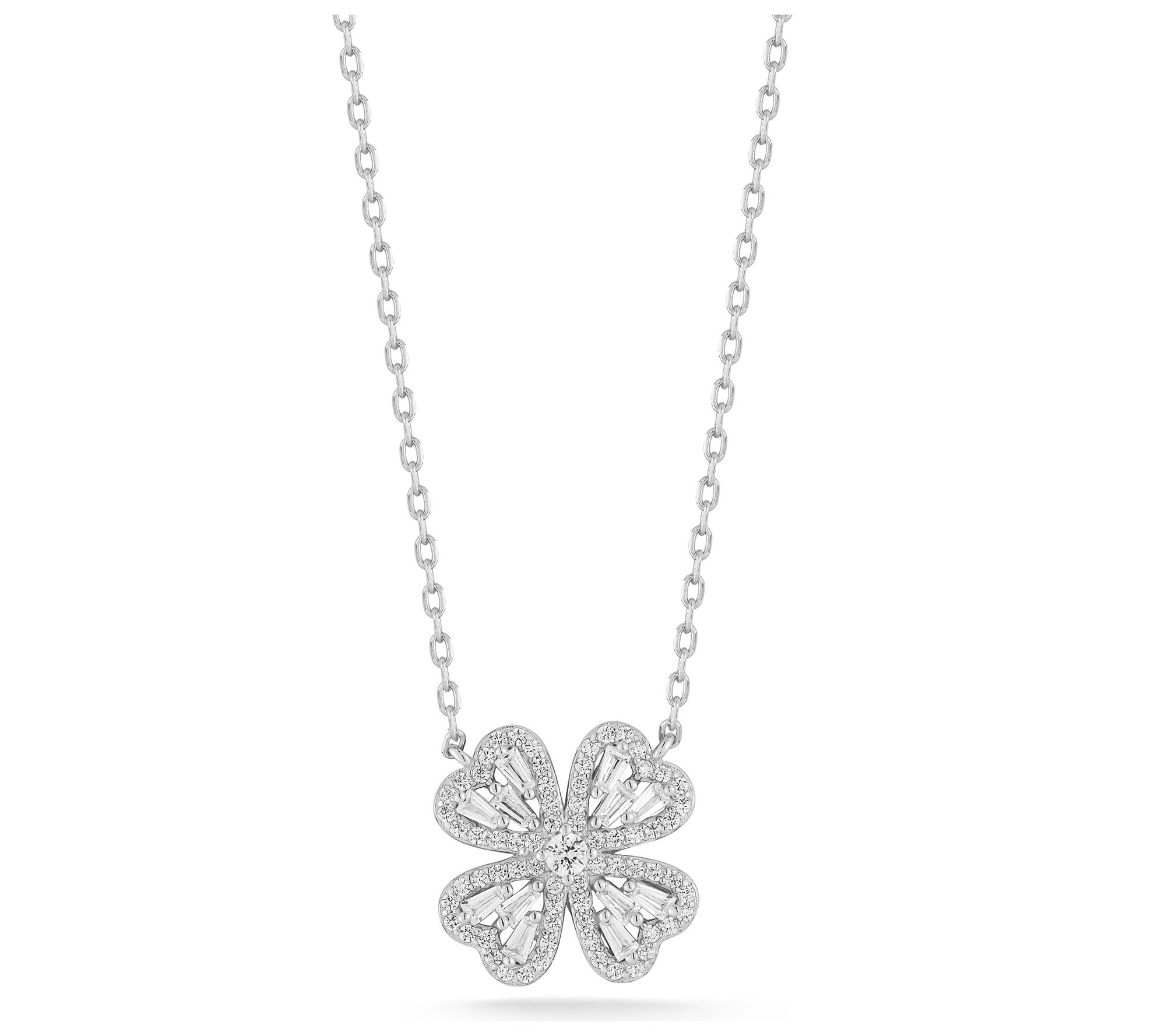 Sterlina Silver Pave Four Leaf Clover Necklace,Sterling