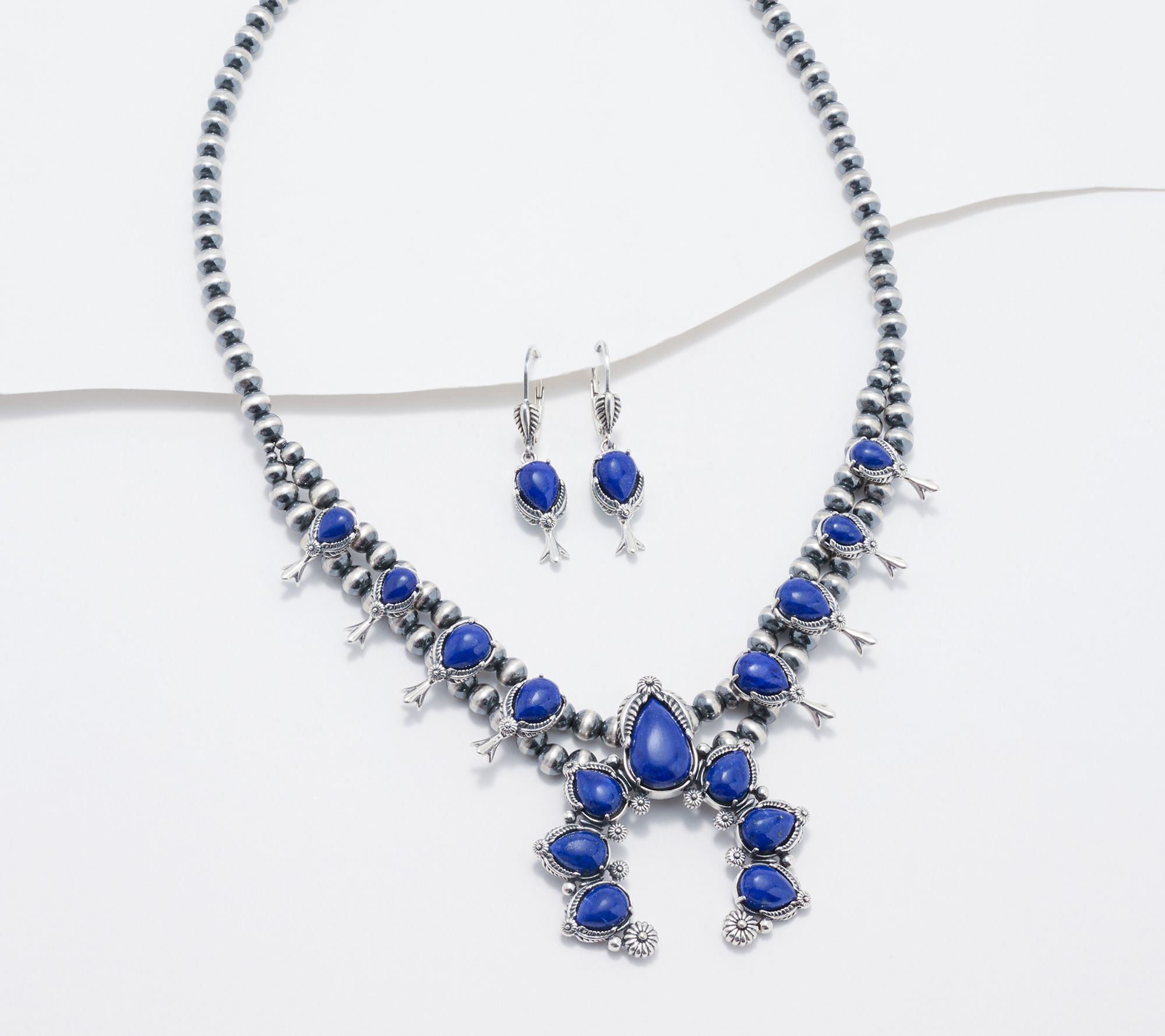 American West Sterl Gemstone Squash Blossom Necklace & Earrings Set