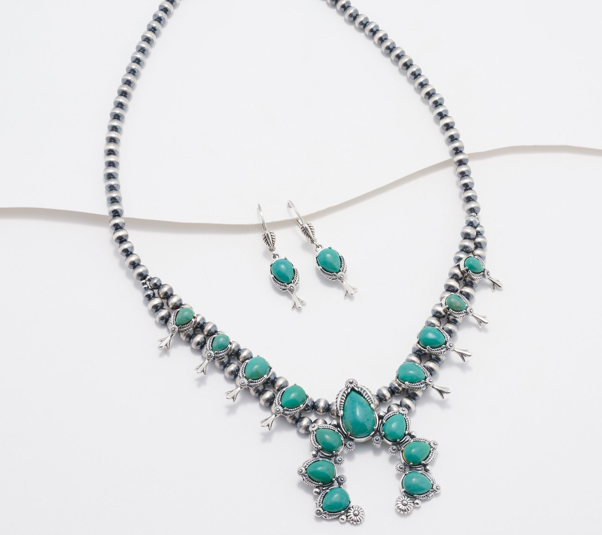 American West Sterl Gemstone Squash Blossom Necklace & Earrings Set