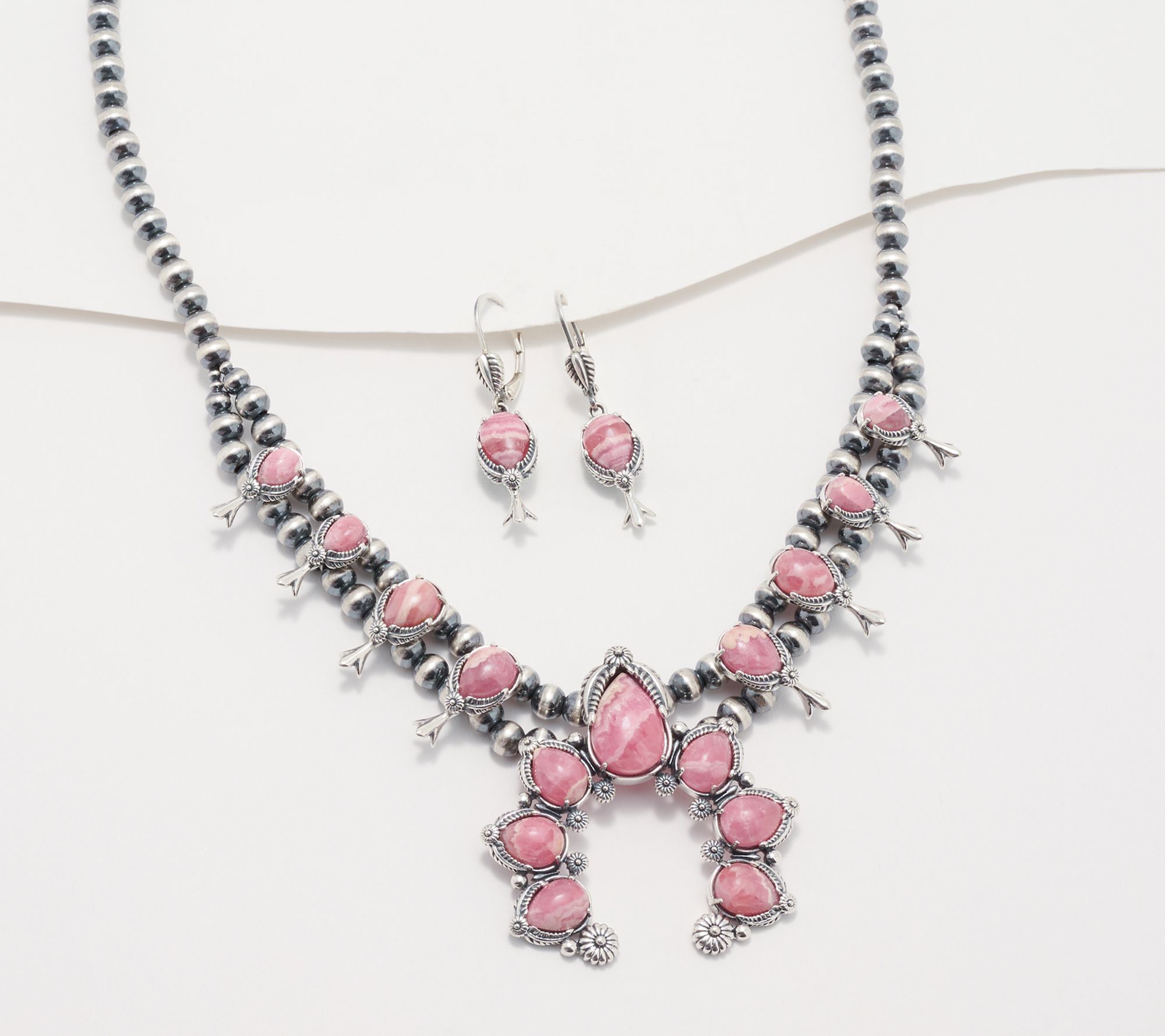 American West Sterl Gemstone Squash Blossom Necklace & Earrings Set