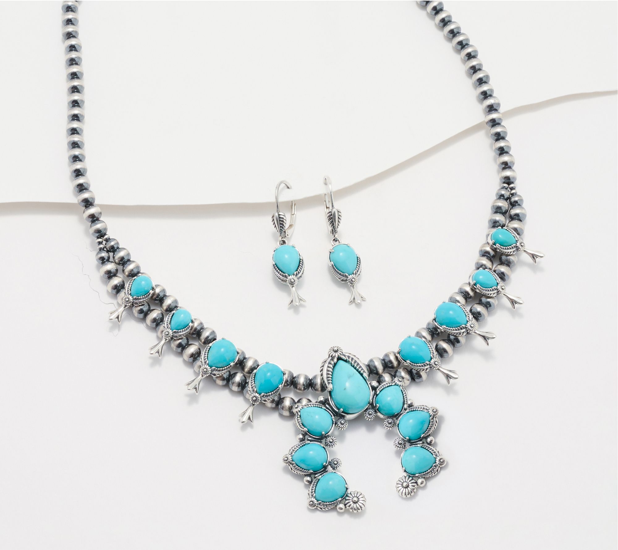 American West Sterl Gemstone Squash Blossom Necklace & Earrings Set